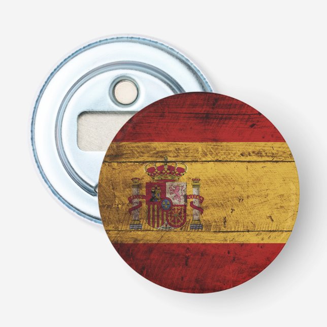 Spain Flag on Old Wood Grain Bottle Opener (Front)