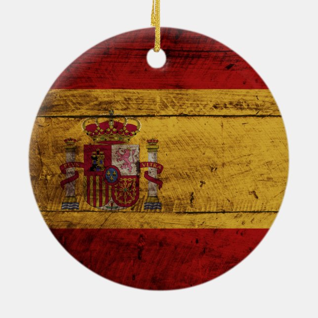Spain Flag on Old Wood Grain Ceramic Ornament (Back)
