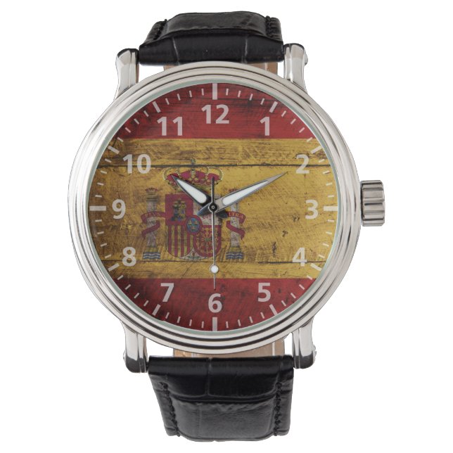 Spain Flag on Old Wood Grain Watch (Front)