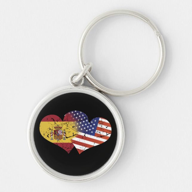 Spain Flag USA Flag Spanish Independence Day Keychain (Front)