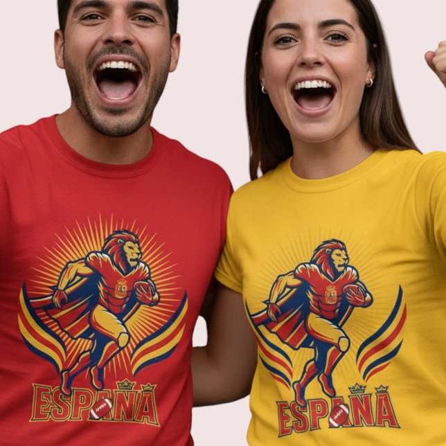 Spain Football Lion Hero National Pride Action Art T-Shirt (Use Personalized to change color/font.
Choose a color that matches the background color of shirt)