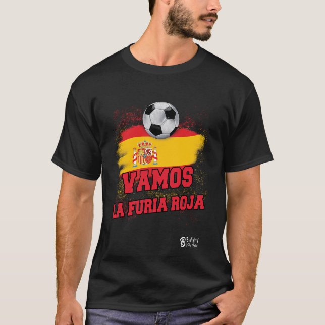 Spain Football Vamos La Furia Roja 1 Black T-Shirt (Front)