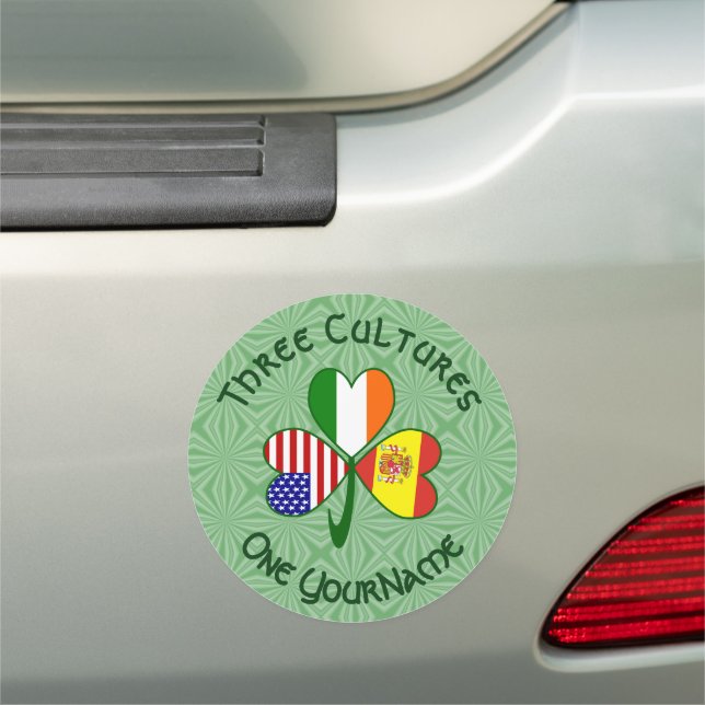 Spain Ireland USA Flags Shamrock Your Name Car Magnet (In Situ)