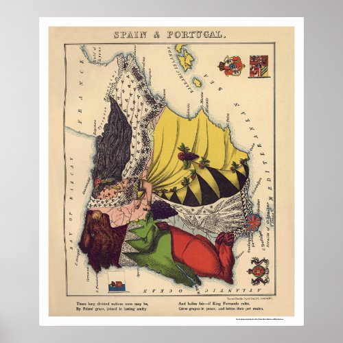 Spain  Portugal Caricature Map 1868 Poster