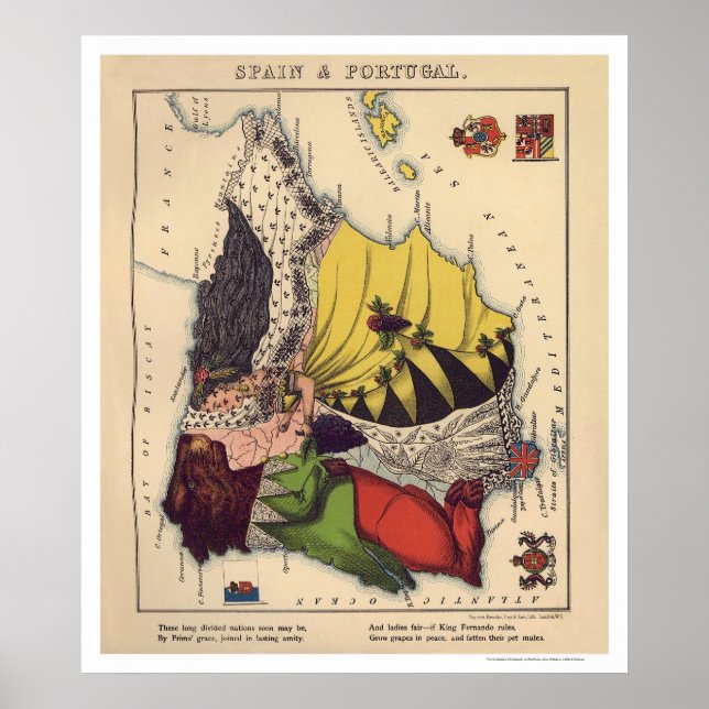 Spain & Portugal Caricature Map 1868 Poster (Front)
