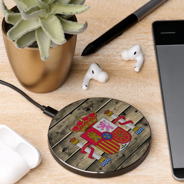 Spain Rustic Wood, Spanish Coat of Arms, flag Wireless Charger (Desk 2)