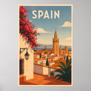 Spain Seville Illustration Travel Art Vintage Poster