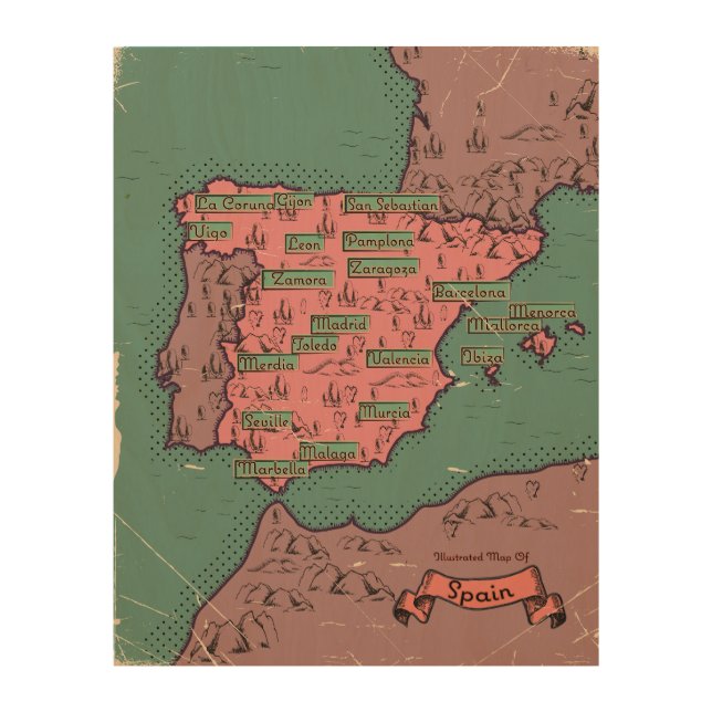 Spain Vintage old map Wood Wall Art (Front)