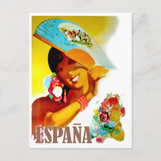 Spain, woman behind fan, vintage travel postcard (Front)