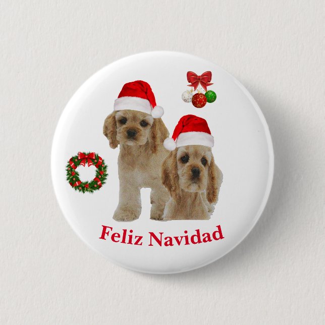 Spaniel Cocker Feliz Navidad Button (Front)