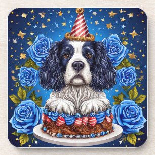Spaniel Dog Celebrating Birthday 🎉🐶🎂🍹🎁 Beverage Coaster