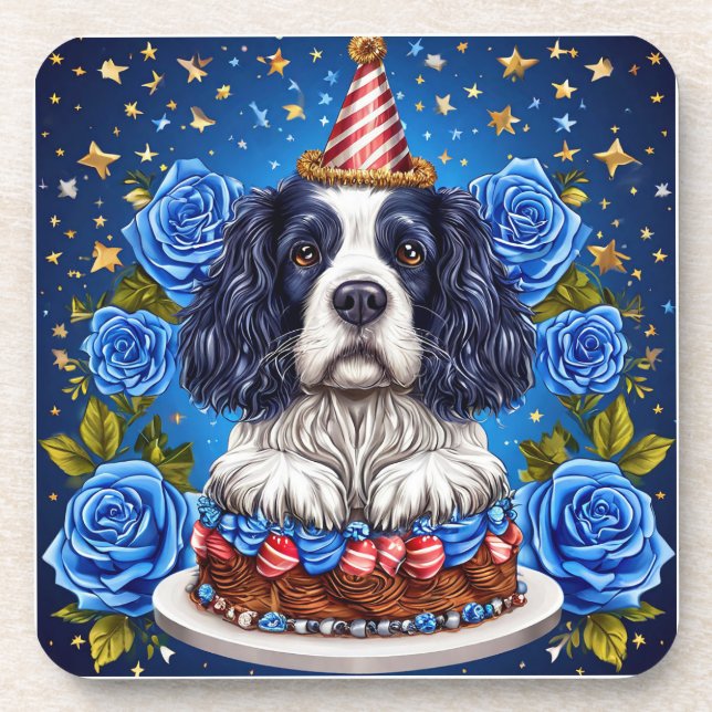 Spaniel Dog Celebrating Birthday 🎉🐶🎂🍹🎁 Beverage Coaster (Front)