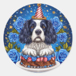 Spaniel Dog Celebrating Birthday With Festive Hat Classic Round Sticker