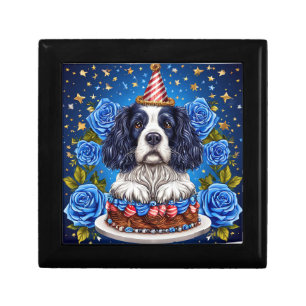 Spaniel Dog Celebrating Birthday With Festive Hat Gift Box