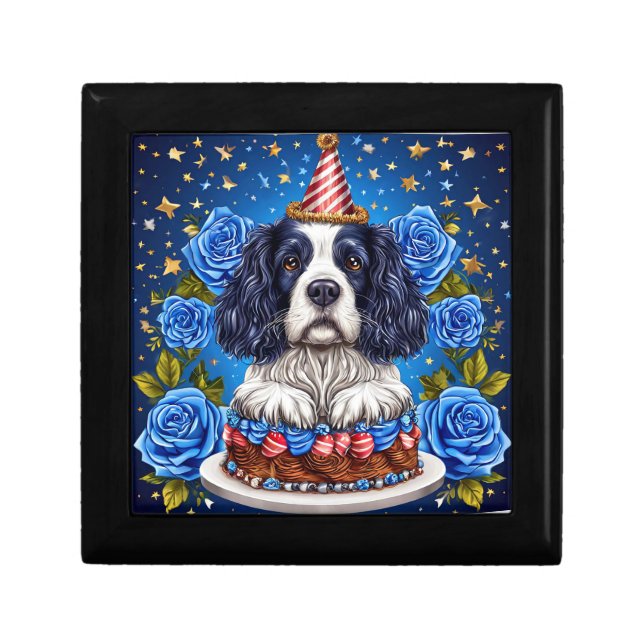 Spaniel Dog Celebrating Birthday With Festive Hat Gift Box (Front)