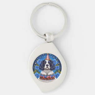 Spaniel Dog Celebrating Birthday With Festive Hat Keychain
