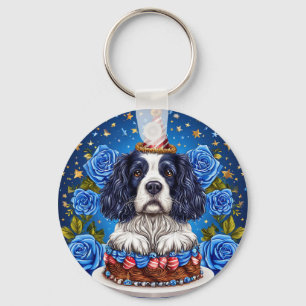 Spaniel Dog Celebrating Birthday With Festive Hat Keychain
