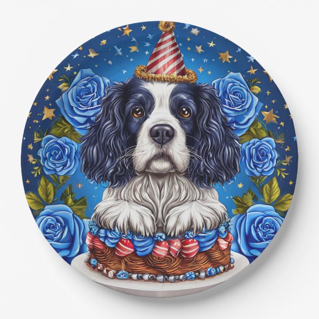 Spaniel Dog Celebrating Birthday With Festive Hat Paper Plates (Front)