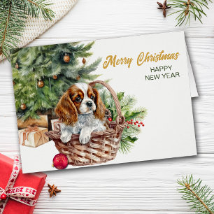 Spaniel Puppy Wicker Basket Christmas Card