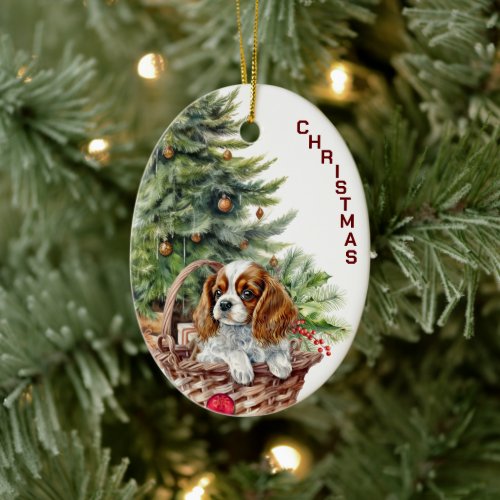 Spaniel Puppy Wicker Basket Christmas Ceramic Ornament