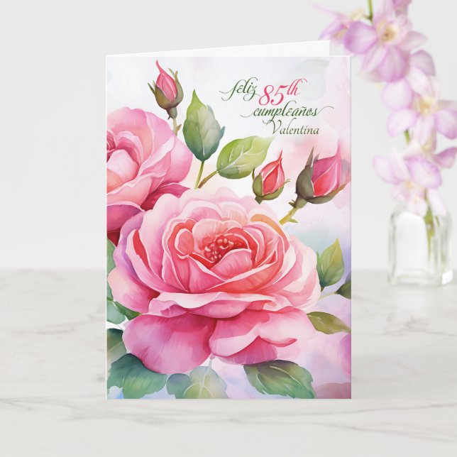 Spanish 85th Birthday Pink Roses with Name Card (Orchid)