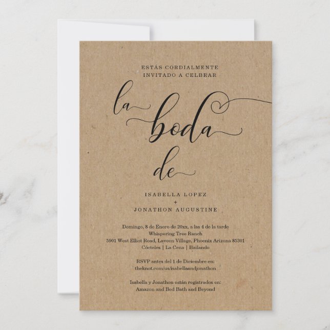 Spanish All in One Wedding Invite RSVP & Registry (Front)