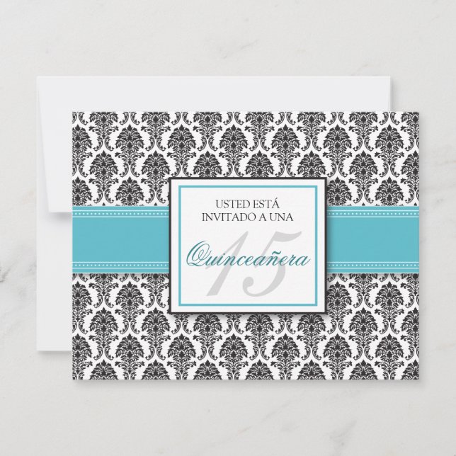SPANISH Aqua Damask Quinceañera Invitación Invitation (Front)