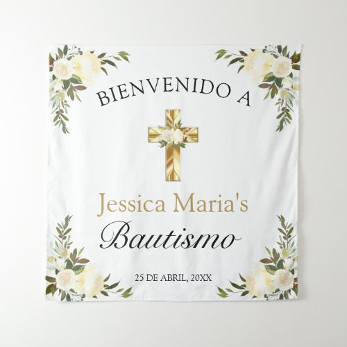 Spanish Baby Baptism Floral Gold Cross Welcome Tapestry