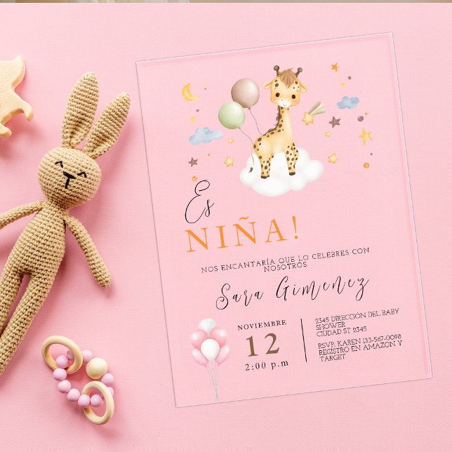 Spanish Baby Girl Shower Giraffe With Balloons  Acrylic Invitations (Spanish Baby Girl Shower Giraffe With Balloons Acrylic Invitations)