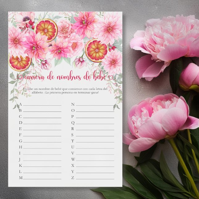 Spanish Baby Name Race Pink Baby Shower Game (Spanish baby name race citrus with pink flowers baby shower game, girl baby shower,)