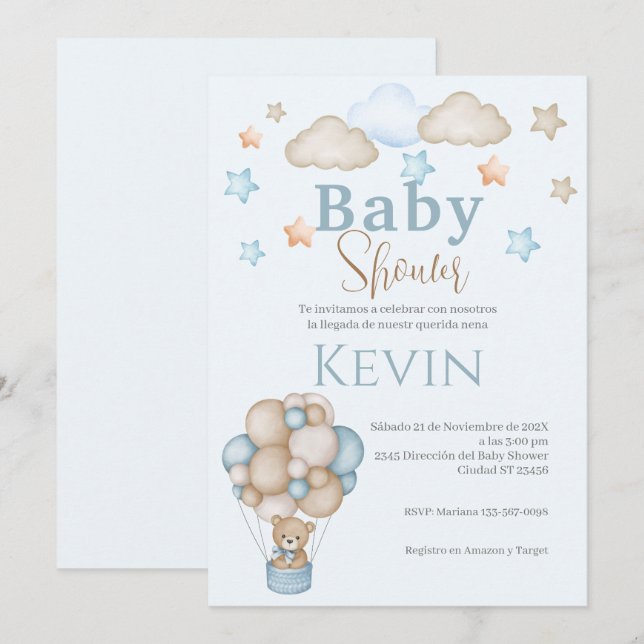 Spanish Baby Shower Invitation Blue Bear Boy (Front/Back)