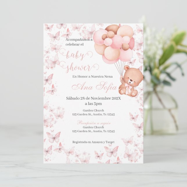 Spanish Baby Shower Invitation Pink Bear Girl (Standing Front)