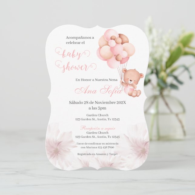 Spanish Baby Shower Invitation Pink Bear Girl (Standing Front)
