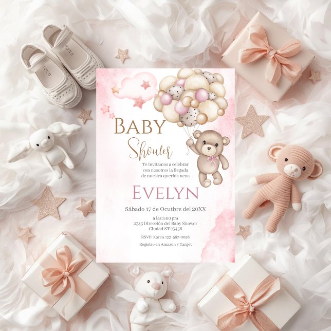 Spanish Baby Shower Invitation Pink Bear Girl (Creator Uploaded)