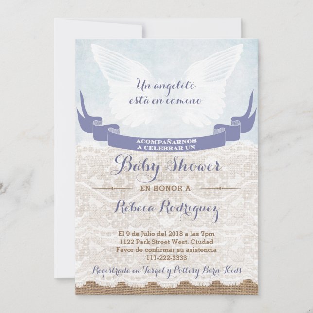 Spanish Baby Shower Invitation with Angel Wings (Front)