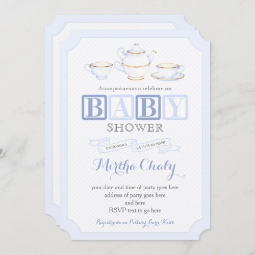 Spanish Baby Shower Tea Invites for Boy in Blues