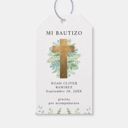 Spanish Baptism Elegant Gold Cross with Greenery  Gift Tags