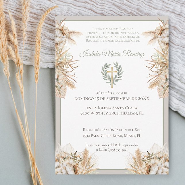 Spanish baptism first birthday boho pampa grass invitation (Creator Uploaded)