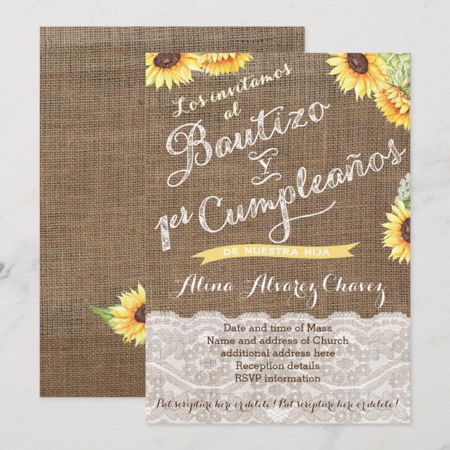 Spanish Baptism & First Birthday for latina niña Invitation (Front/Back)