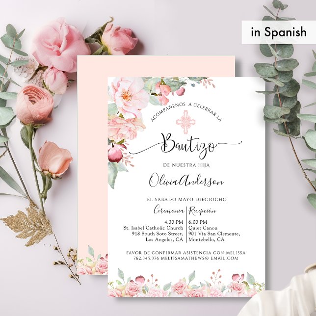 Spanish Baptism Mint and Peach Floral Invitation (Creator Uploaded)