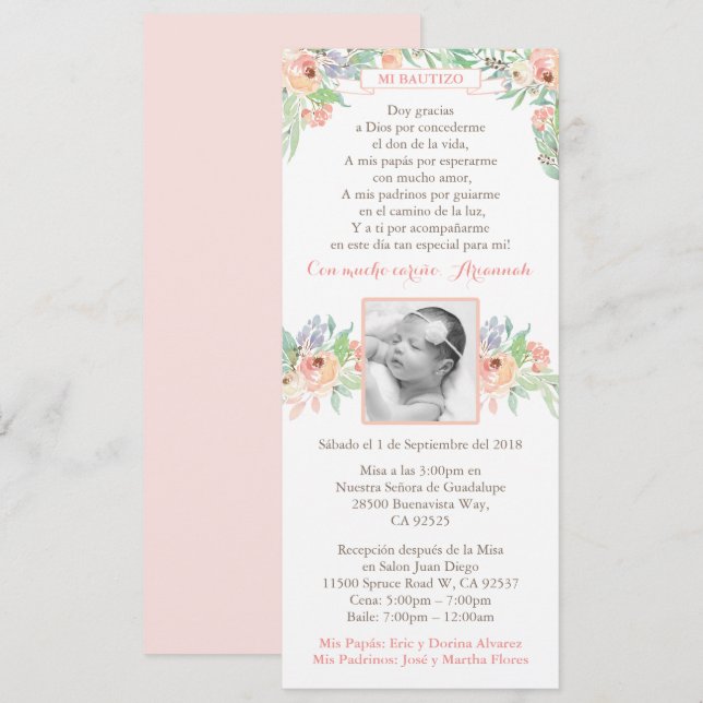 Spanish Bautizo Peach Spring Baptism invites girl (Front/Back)
