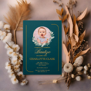 Spanish Bautizo Photo Greenery Elegant Gold  Invitation