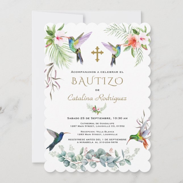 Spanish Bautizo Pink Flowers Hummingbird Girl Invitation (Front)