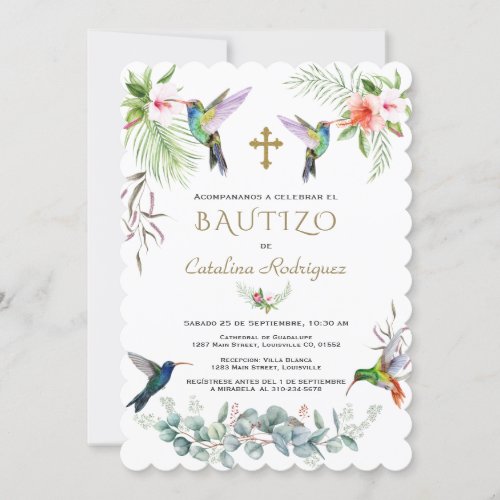 Spanish Bautizo Pink Flowers Hummingbird Girl Invitation