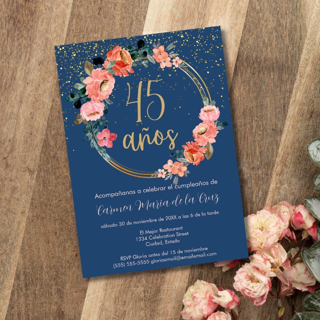 Spanish Beautiful Chic Floral 45th Birthday Party Invitation (Creator Uploaded)
