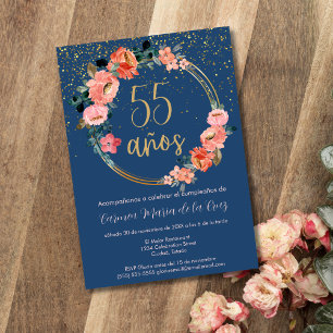 Spanish Beautiful Gold Floral 55th Birthday Party Invitation