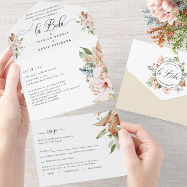 Spanish Beige Earth Tones Floral Wedding Tear RSVP All In One Invitation (Creator Uploaded)