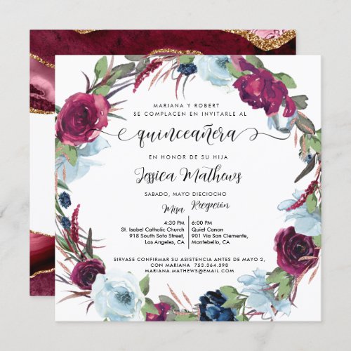 Spanish Berry Burgundy Red Wreath Quinceaera Invitation