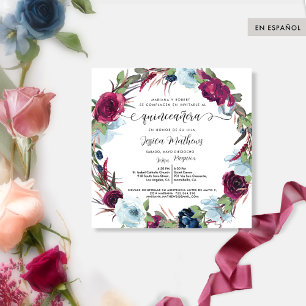 Spanish Berry, Burgundy Red Wreath Quinceañera Invitation