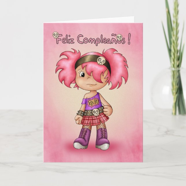 Spanish Birthday Card - Cute Rock Chick - Feliz Co (Front)